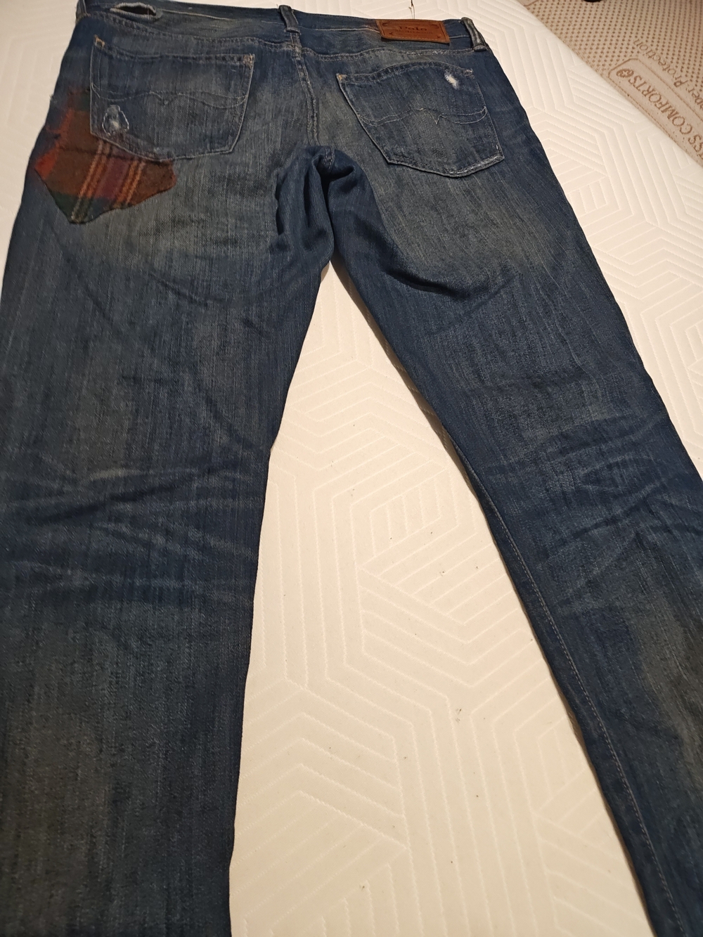Polo by Ralph Lauren Slim Straight Distressed Blue Jeans with Plaid Patches - Picture 10 of 16